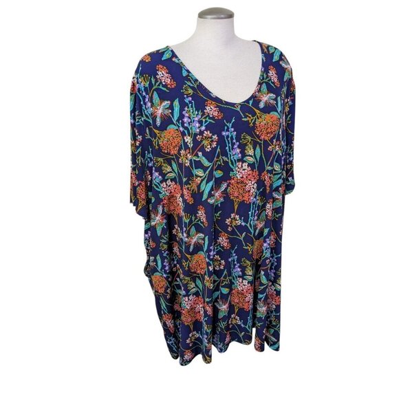 Ulla Popken Womens Tunic Top Plus 36/38 Navy Blue Floral Short Sleeve Pockets - Picture 3 of 6